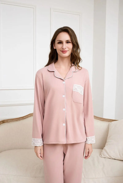 Autumn and Winter Women' Homewear Velour Fabric Collared Lace Trim with Pocketed Long-Sleeved Top Trousers Casual Warm Pyjamas