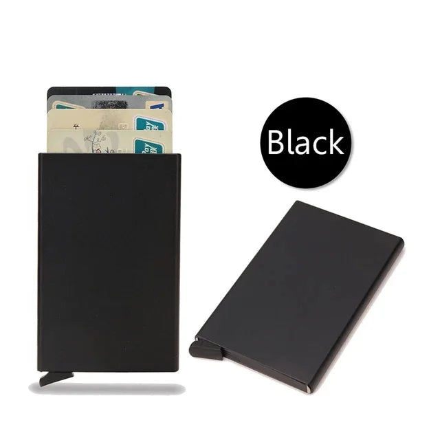 Black Secrid slim wallet with metallic edge and pop-up card mechanism