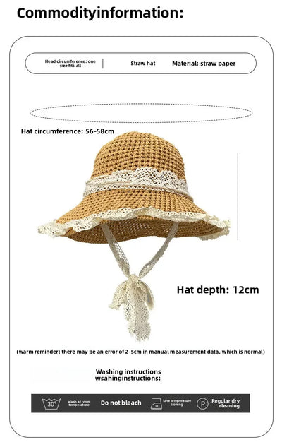 Sunscreen Hat for Women Summer Outdoor Sun Hat Large Brim French Lace Straw Hat Woven Vacation Beach Hat