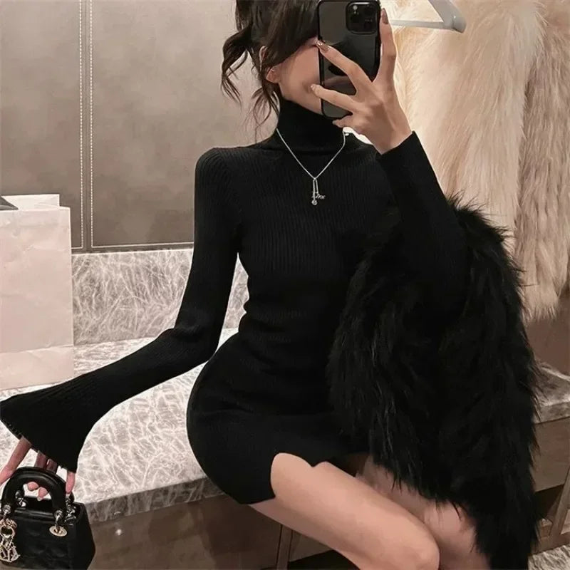 Dresses for Women Short Turtleneck Extreme Mini Sexy Daring Clothes Woman Dress Knitted Bodycon Grey Crochet Split Korean Style
