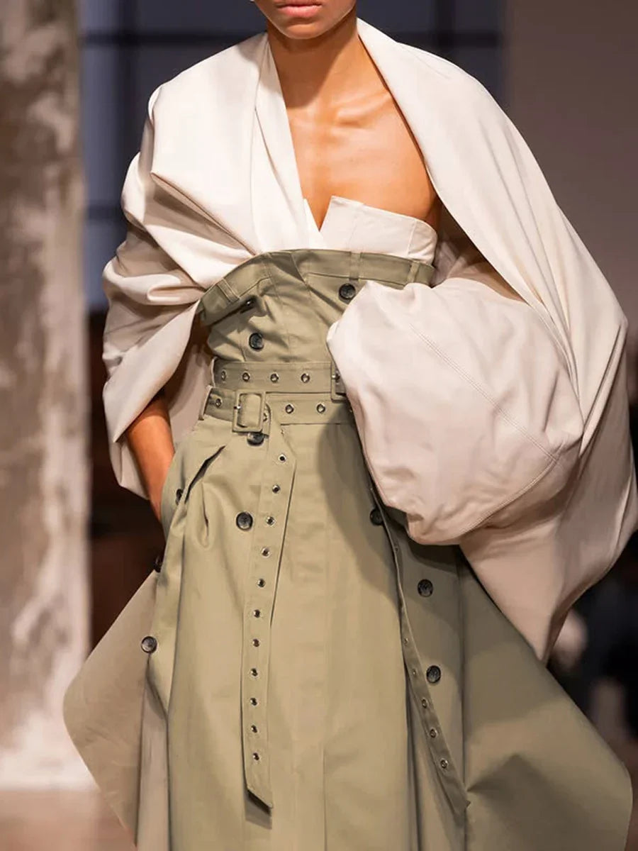 VGH Ameican Retro Irregular Cargo Dresses for Women Strapless Sleeveless High Waist Spliced Double Sashaes Midi Dress Female New