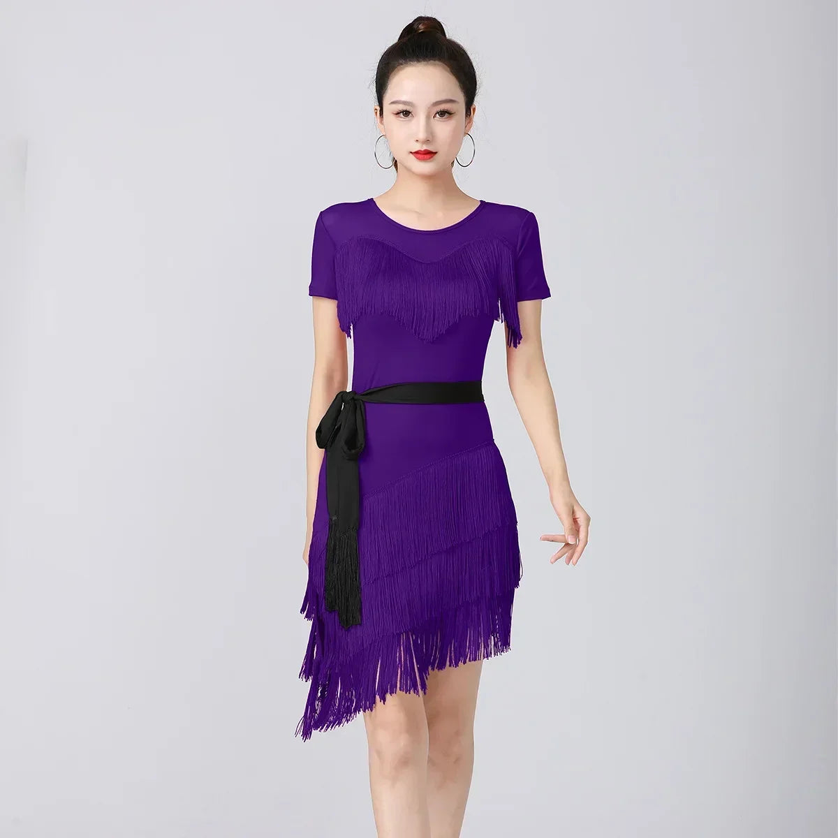 Women Latin Dance Outfit for Female Adults High End Slim Short Sleeve Tassel Split Dress Purple Red Sexy Practice Dance Clothing