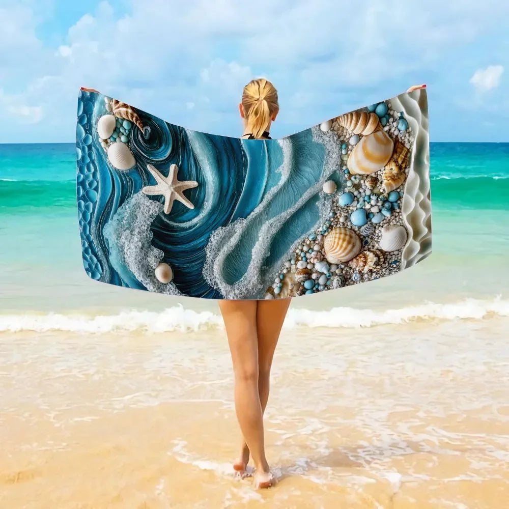 Beach Towel with Ocean Waves and Seashells - Dive into Summer! Suitable for towels, bath towels, beach towels