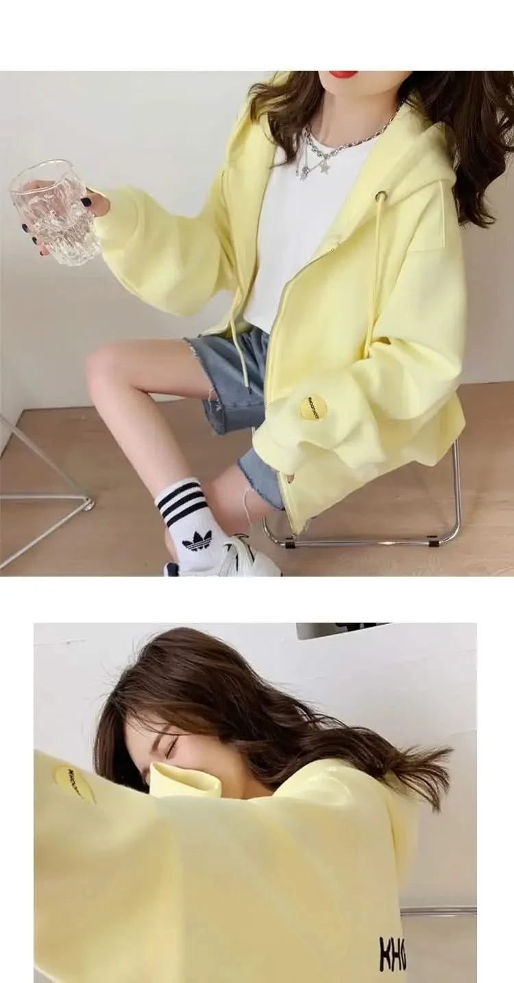 Casual Zip up Hooded Sweatshirt Candy Colour for Women Tops