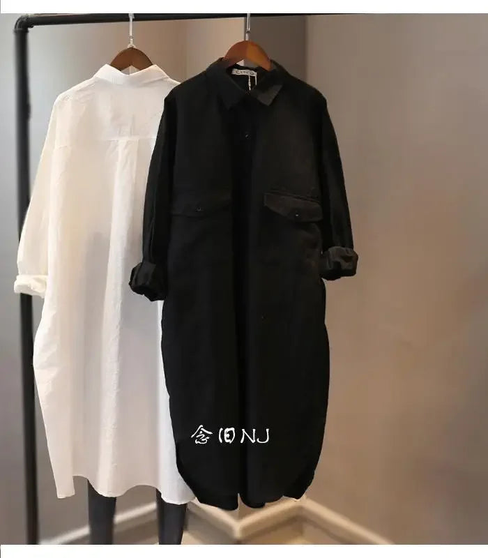 Cotton Linen Women Medium-Length White Polo Shirt