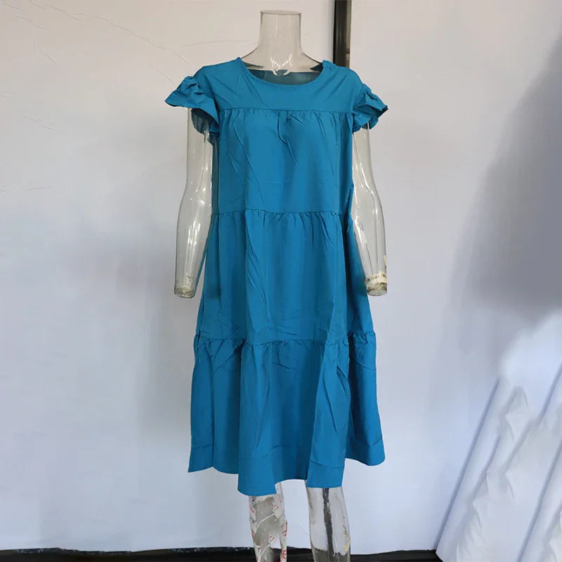 Women's Summer Ruff Sundress Elegant Casual Party Beach Vintage Swing Midi Dress 2022 Solid Bohemian Oversized Vestidos Robe