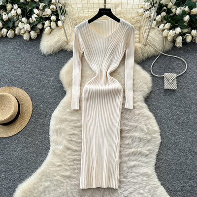 Sweater Knit Dress For Women Vintage Knitting Package Hip Elegant Lady Knitwear Elasticity Women's Autumn Winter Midi Dresses