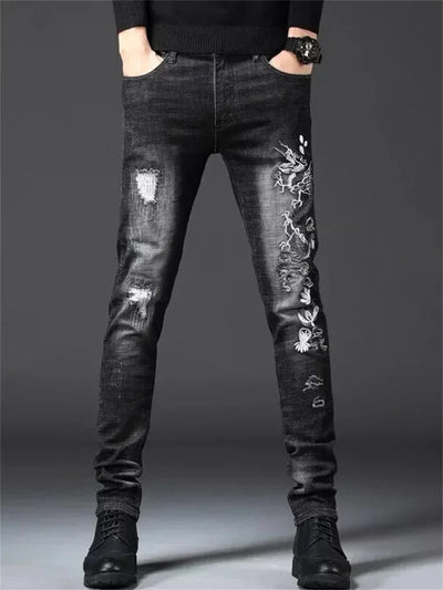 Men's Chinese Dragon Embroidery Jeans Fashion Kylin Embroidered Slim Pencil Pants Stretch Denim Trousers jeans for men pants