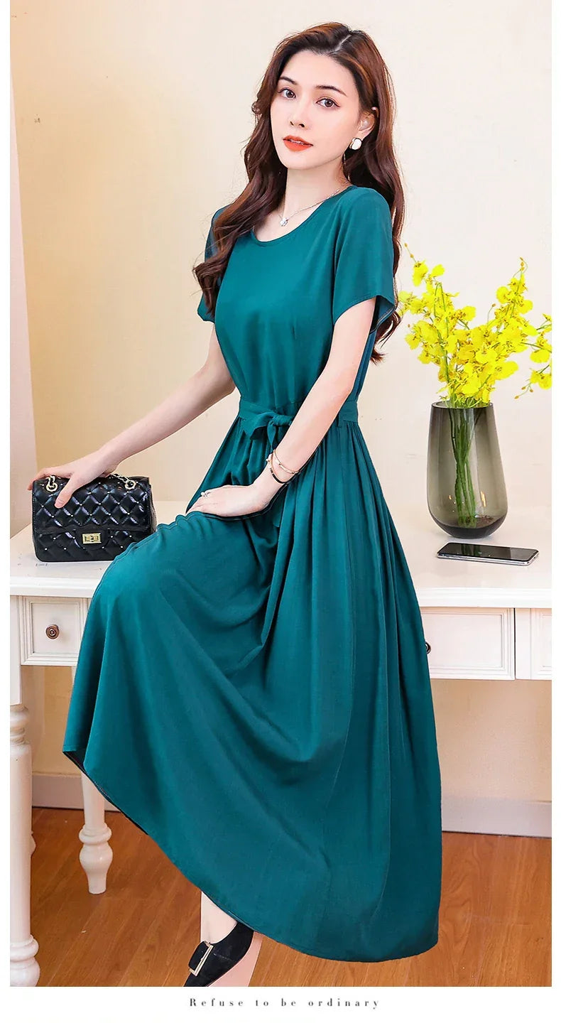 New Fashion Summer Dresses For Women 2025 Elegant Casual Short Sleeve Midi Dress Soild Colour Women Clothing