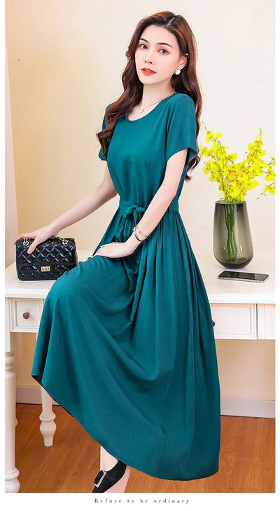 New Fashion Summer Dresses For Women 2025 Elegant Casual Short Sleeve Midi Dress Soild Colour Women Clothing