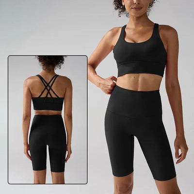 Women's 2 Piece Yoga Gym Sports Set Cross Back Bra Top & High Waist Shorts Fitness Running Workout Tracksuit👚