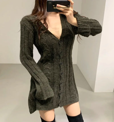 Sweater Dress for Women Long Sleeve Cable Knit Button Down Knitted Mini Dress for Women Teen-girl Fall Winter Chic Outfit
