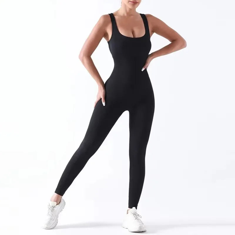Women's Seamless Yoga Jumpsuit with Suspenders – Tight-Fit Long Leggings