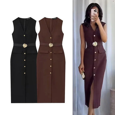 Black Elegant Party Midi Dresses 2025 Women's Summer Sleeveless Long Dresses Fashion Casual Vintage Evening Party Dress  ﻿