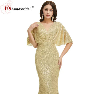Elegant Sequin Evening Dresses for Women 2025 V Neck Mermaid Cape Sleeves Plus Size Wedding Prom Formal Party Gowns Customized