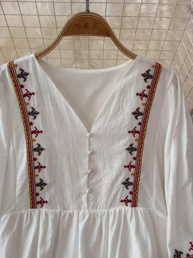 European American Style Women's New Cotton Linen 2024 Fashionable Lace Up Waist Slimming Patchwork Embroidered Short Dress A132