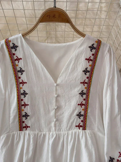 European American Style Women's New Cotton Linen 2024 Fashionable Lace Up Waist Slimming Patchwork Embroidered Short Dress A132