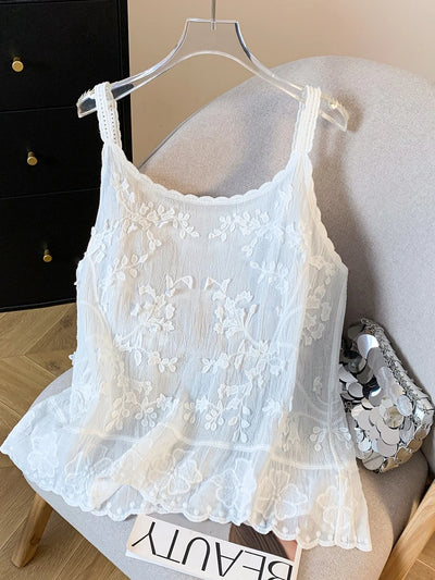 Ele Embroidered Lace Trim Csole Tank Top Women's Svel Summer Layering Vest Inner Wear Loose Fit Cotton 00%