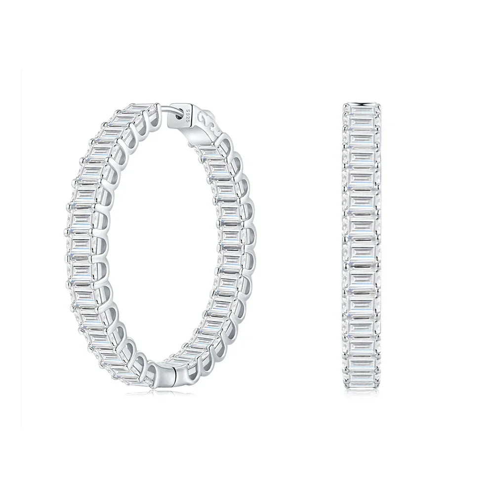 JIUZUAN S925 Sterling Silver Baguette Moissanite Hoop Earrings for Women Full Stone Geometric Design Elegant Jewelry Daily Wear