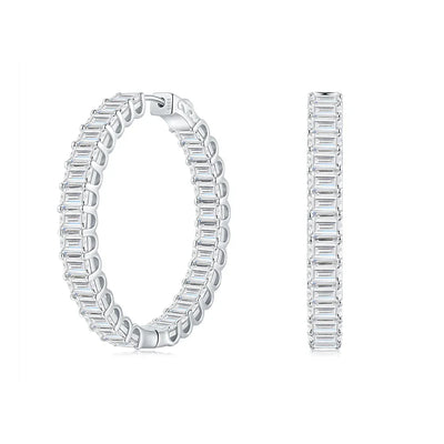 JIUZUAN S925 Sterling Silver Baguette Moissanite Hoop Earrings for Women Full Stone Geometric Design Elegant Jewelry Daily Wear