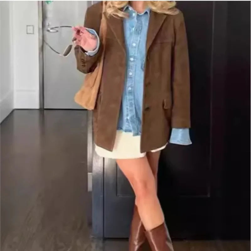 2024 Women's Autumn Coats Vintage Brown Suede Leather Women's Blazer Jacket Fashion Lapel Single Breasted Pocket Short Jacket - Elanique