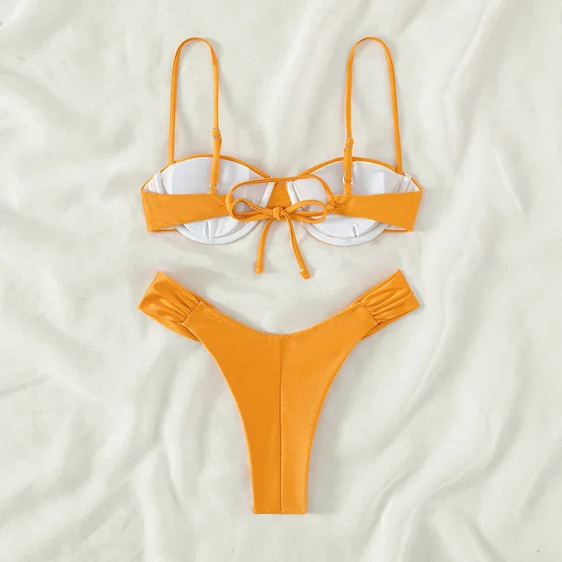 2023 New Swimwear Women Bikini Sets New Sexy Bikini Set Solid Color Sling Pleated Split Swimsuit Women 2 Pieces Micro Bikini Swi