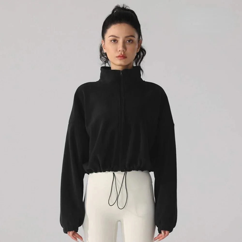 Women's Fleece Short Jacket Full Zip Stand Collar Warm Winter Sherpa Crop Coats with Drawstring Hem Gym Fitness Sports Clothing