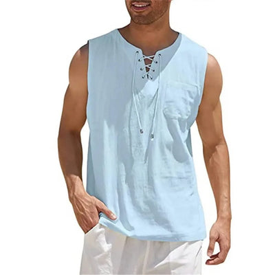 Summer Linen Shirts Men's Casual Leeveless Vest Bandage Lace Up Blouse Retro V Neck Fashion Loose Shirt Male SolidColor Tees Top