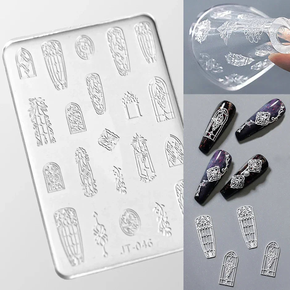 Geometric Bowknot Grid Lace Flora Edge Nail Art Silicone Carving Mold Mould Star Daisy Flower Charms Bow Tie Snowflake Template