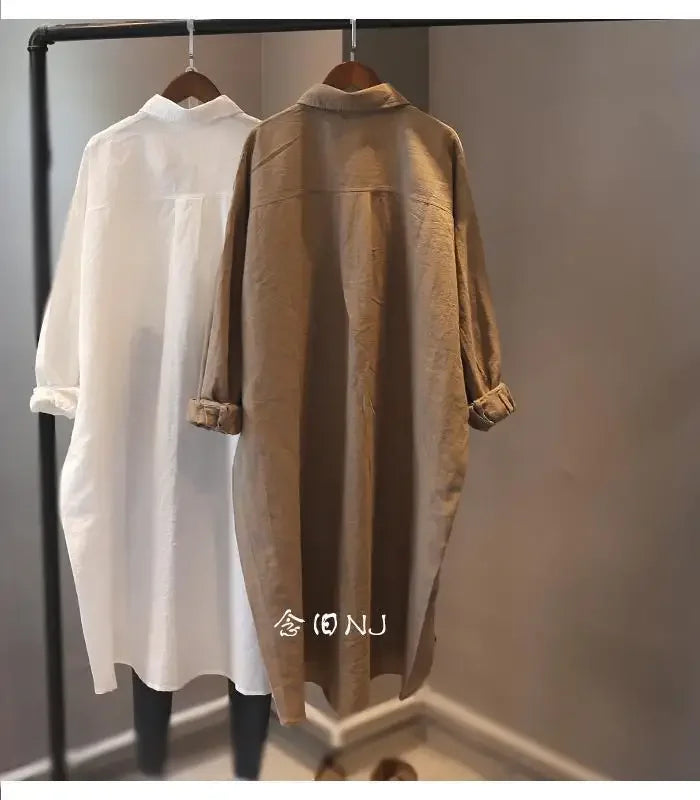 Cotton Linen Women Medium-Length White Polo Shirt