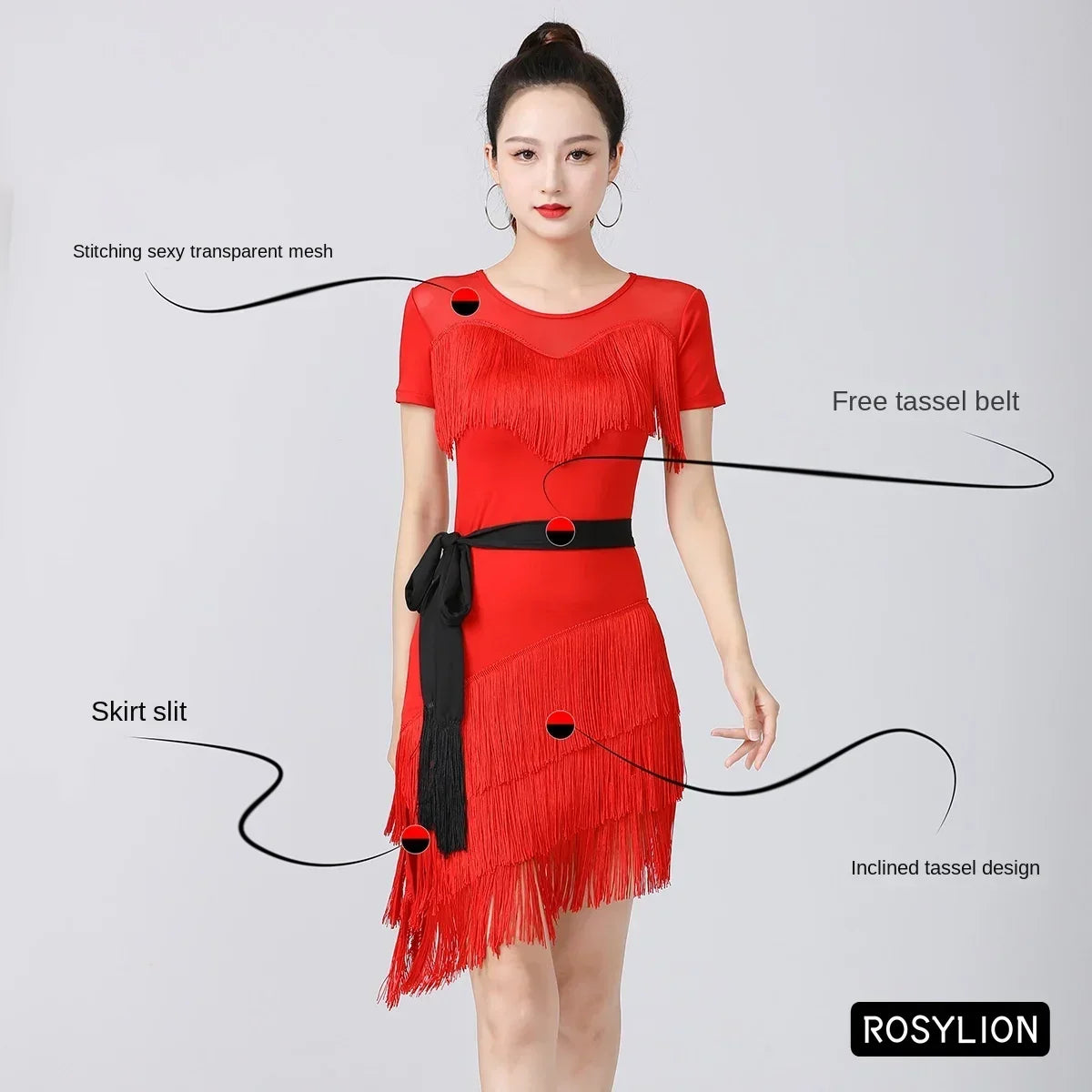 Women Latin Dance Outfit for Female Adults High End Slim Short Sleeve Tassel Split Dress Purple Red Sexy Practice Dance Clothing