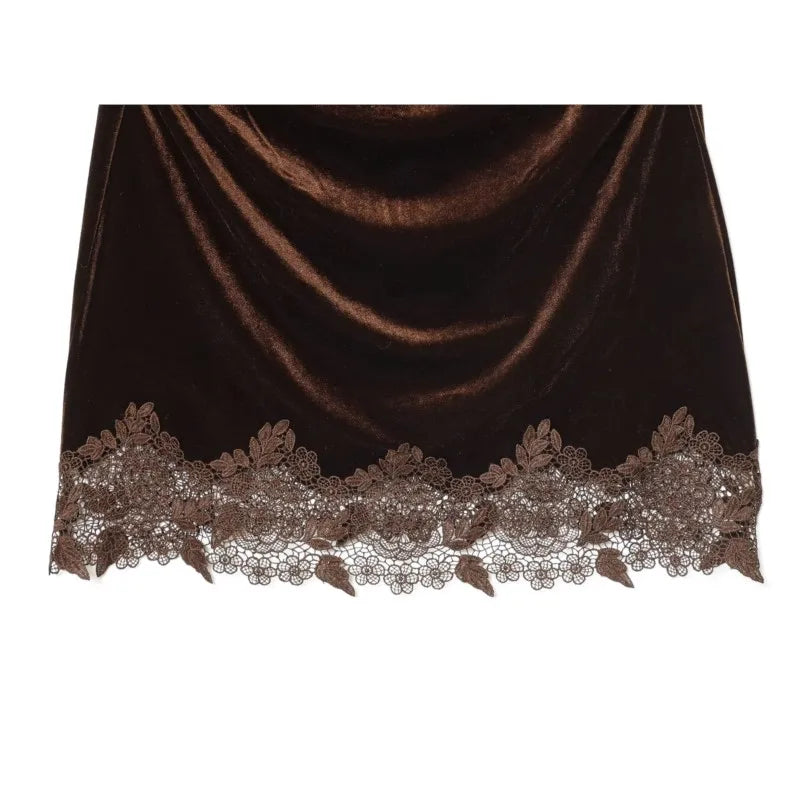 Women Velvet Dress Round Neck Sleeveless Lace Hem Decoration Mini Dresses Female Fashion Slim Elegant Party Dresses