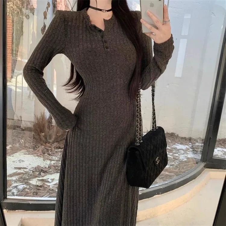 Knitted Sweater Dress Women Casual Long Sleeve French Mid Long Length Knee Dress Coat Ins Fashion Winter Versatile Wardrobe