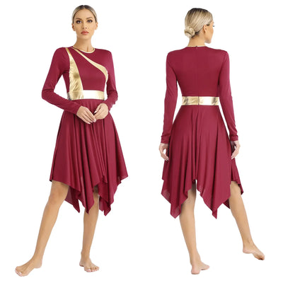 Women Church Choir Worship Liturgical Dress Modern Lyrical Dance Waltz Stage Performance Costume Long Sleeve Metallic Shiny Gown