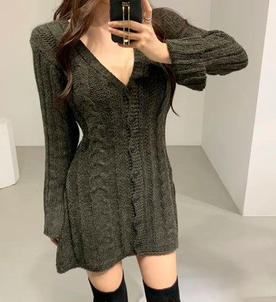 Sweater Dress for Women Long Sleeve Cable Knit Button Down Knitted Mini Dress for Women Teen-girl Fall Winter Chic Outfit