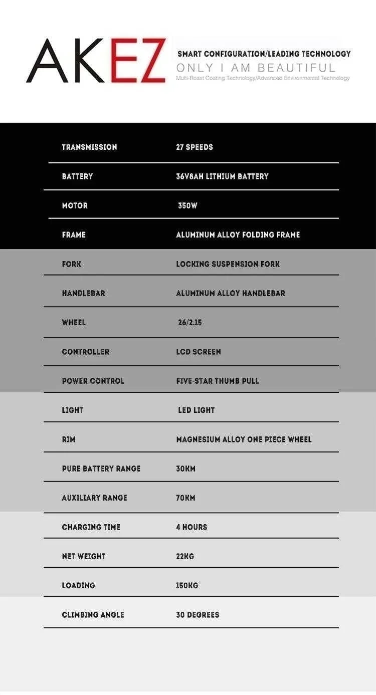 AKEZ Snow Electric Bicycle 350W Motor 10AH Battery 26-inch Thin Tire Urban Traffic E-Bike 30KM/H Folding Mountain Electric Bike