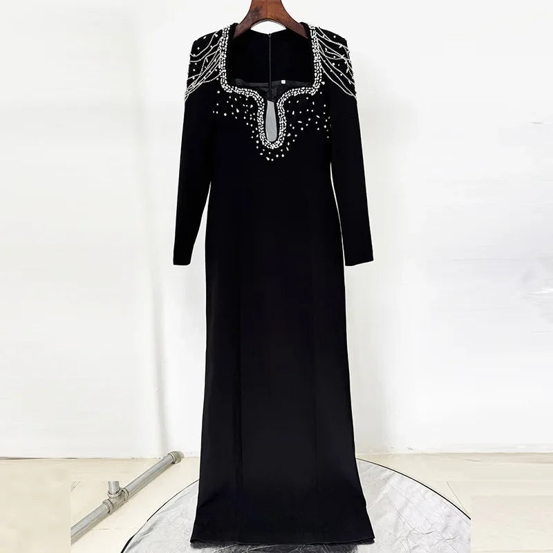 HIGH QUALITY Newest 2025 Designer Women's Slim Diamonds Beaded Long Sleeve Maxi Long Evening Dress