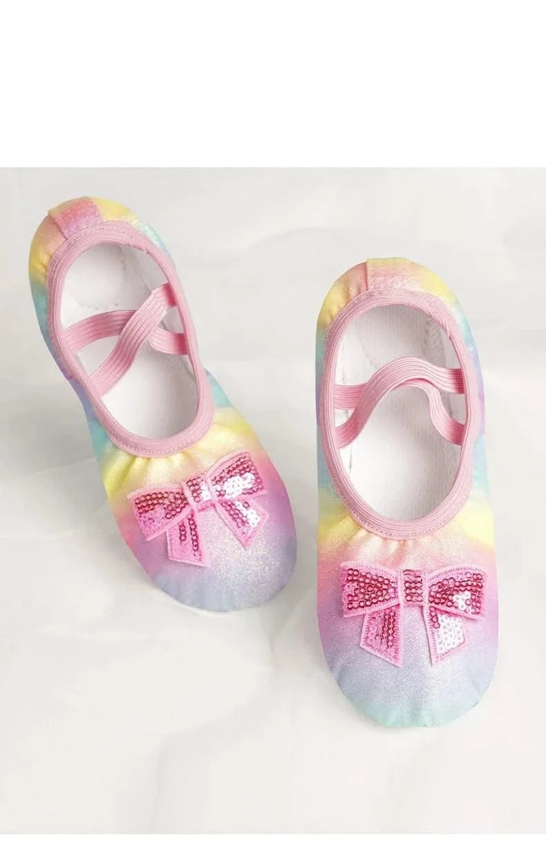 Children's Dance Shoes Girls Ballet Flats Shoes Rainbow Bow Sequins Leather Soft Soled Dance Performance Skate Sport Yoga Shoes