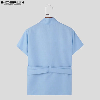 INCERUN Tops 2024 American Style New Men Diagonal Placket Texture Belt T-shirts Summer Casual Solid Short Sleeved Camiseta S-5XL