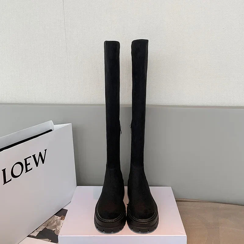 Fashion Platform Knee High Boots for Women Autumn Winter Fashion Slip on Leather Boots Woman Elastic Thick Soled Over Knee Botas