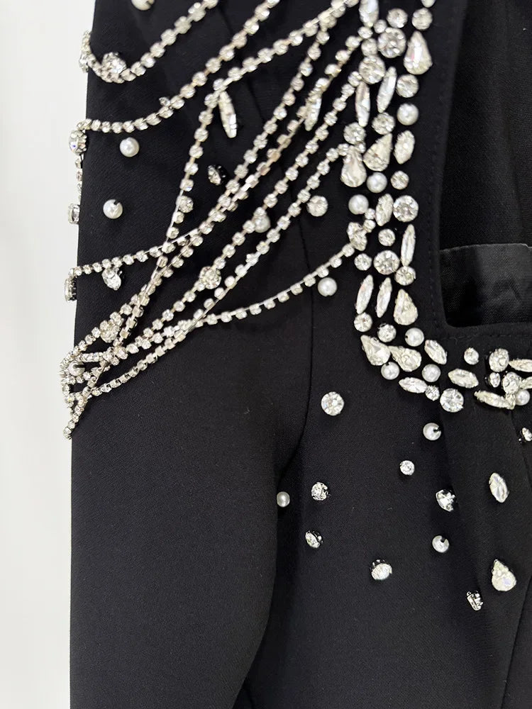 HIGH QUALITY Newest 2025 Designer Women's Slim Diamonds Beaded Long Sleeve Maxi Long Evening Dress