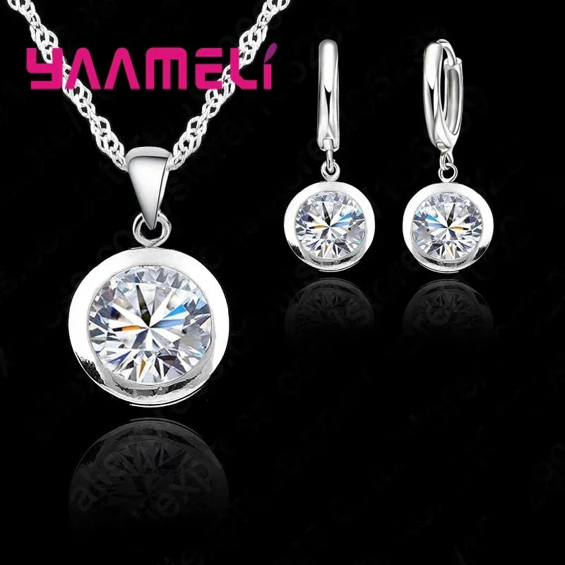 New Wedding Fine Women Jewelry Sets Real Pure 925 Sterling Silver Round Cubic Zircon CZ Pendant Necklaces Hoop Earrings