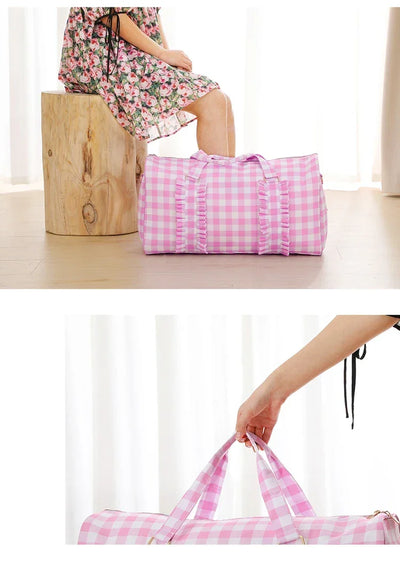 Nylon Duffel Bag Women Ruffle Duffle Gingham Weekend Sports Overnight Travel Vacation Gift Stripe Detachable Adjustable Strap