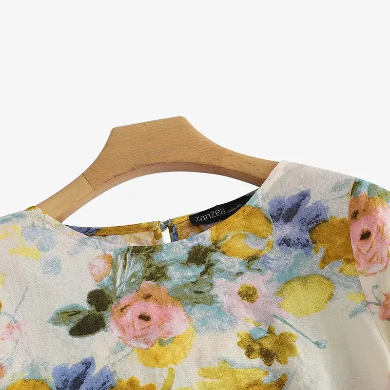Women's Linen Bohemian Floral Printed  3/4 Sleeve O-Neck Top