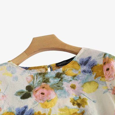 Women's Linen Bohemian Floral Printed  3/4 Sleeve O-Neck Top
