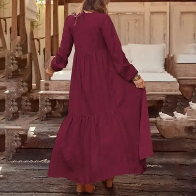 Vintage Cotton Linen Long Sleeve Dress Women Casual Autumn Maxi Robe V Neck Tiered Loose Vestido