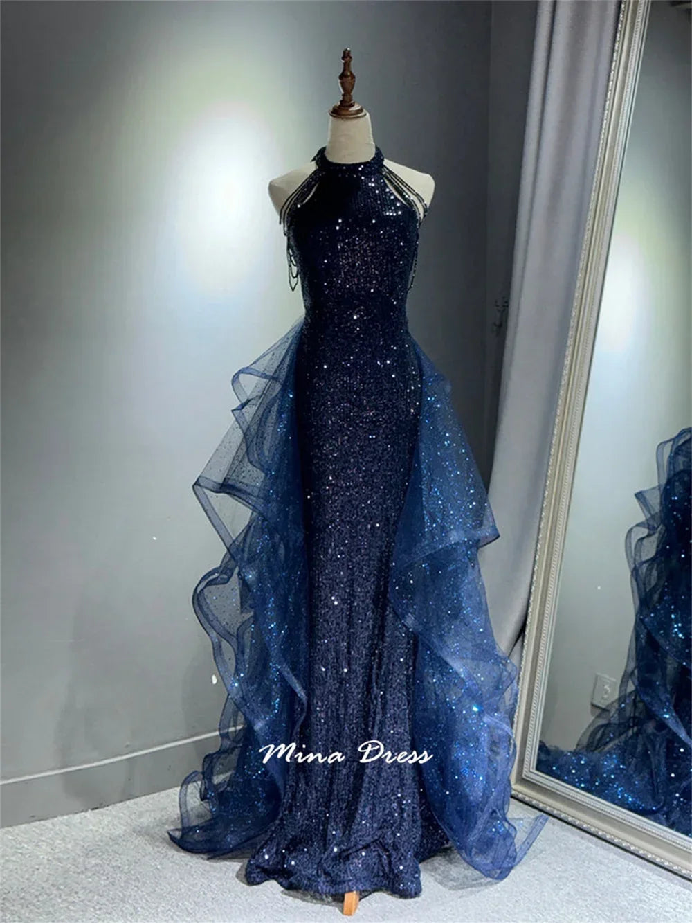 Mina Customized Evening Gown Sequins Chiffon Dress for Wedding Guests Wrinkles Elegant Women's Dresses for Party Formal Occasion