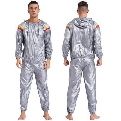 Mens Sauna Sweat Outfit Long Sleeve Hooded Jacket Outerwear and Elastic Waist Long Pants PVC Sweating Suit for Gym Workout