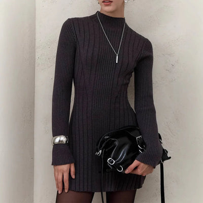 Knitting Dress Women's 2025 Spring Knitted Dress Long Sleeve Semi-High Neck A Line Skirt Elegant Knitwear Sweater Dress Women