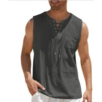 Summer Linen Shirts Men's Casual Leeveless Vest Bandage Lace Up Blouse Retro V Neck Fashion Loose Shirt Male SolidColor Tees Top